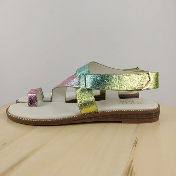 Franco Sarto Gess Sandals Sz 9 Metallic Rainbow Strappy Flat Sandals Multicolor - Picture 2 of 13